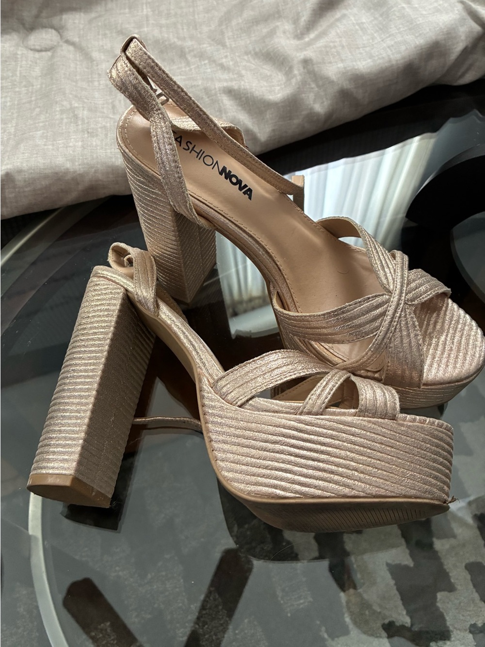 Fashion Nova Rose Gold Platform Block Heel Sandals